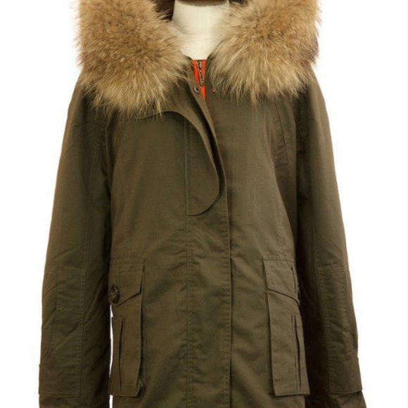 Popski Army Green Jacket with Raccoon Fur Collar - Picture 2 of 6